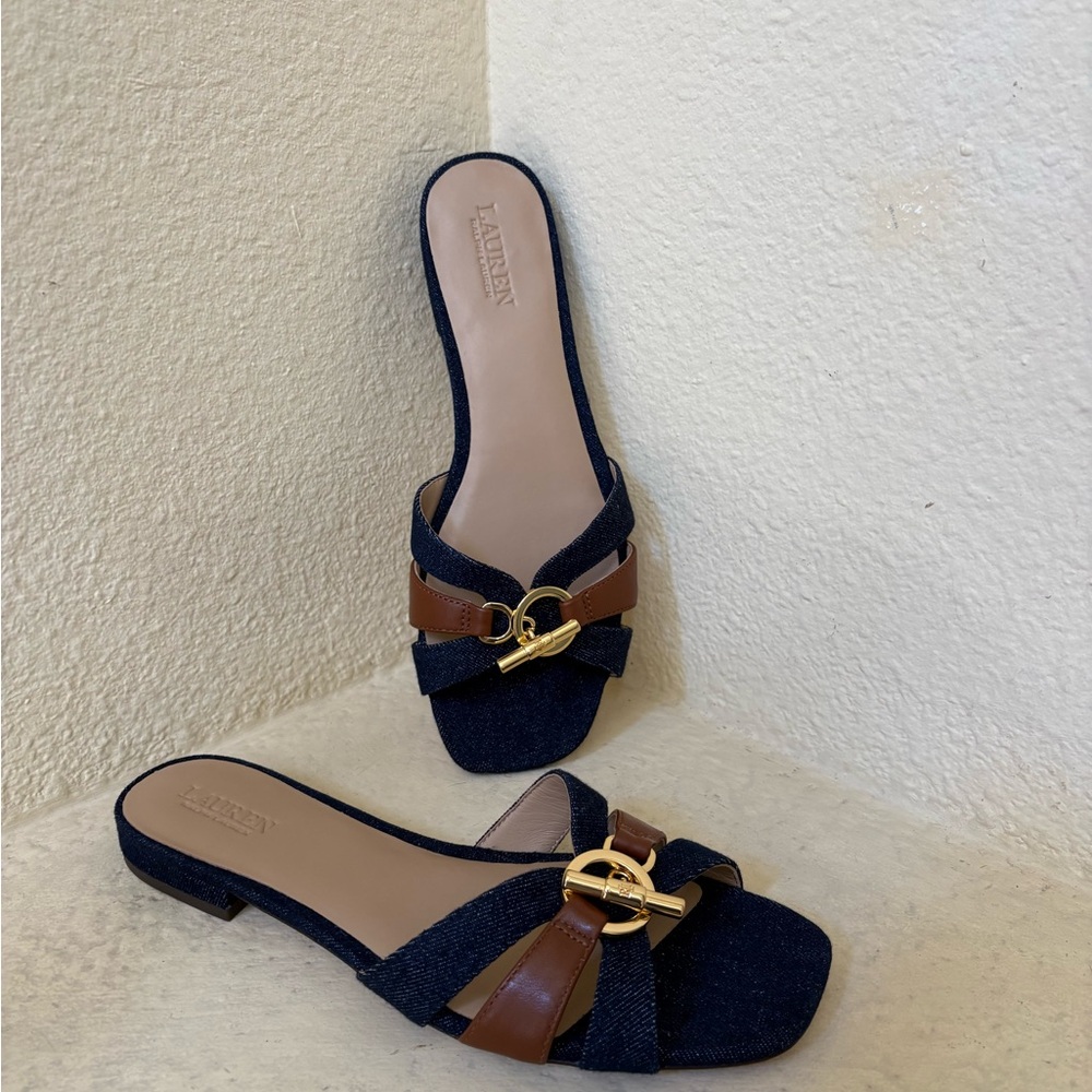Ralph Lauren Blaike Cross-Dyed Leather Dark Blue Denim, Gold Slide Sandal Sz 8